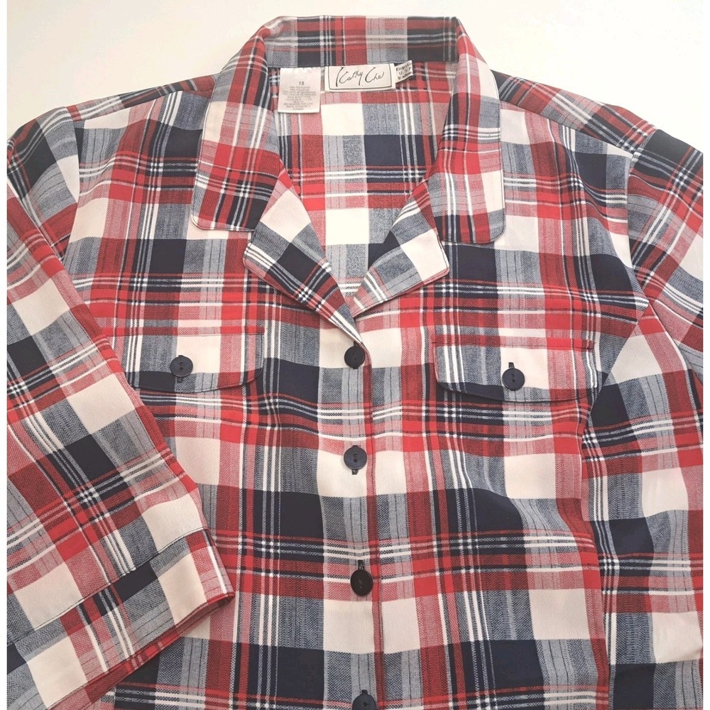 Cathy Che‎ Button Down Blouse Shirt Women's 18 Plaid Red White Blue July 4th USA